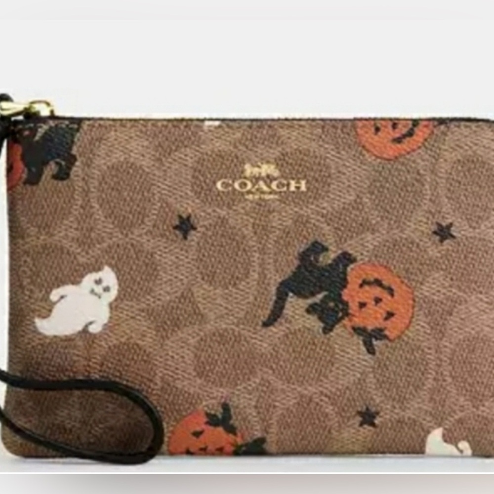 Coach Corner Zip Wristlet In Signature Canvas With Halloween Print